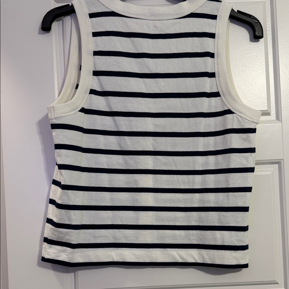 LOFT Black and White Striped V-Neck Button Tank - Picture 2 of 2